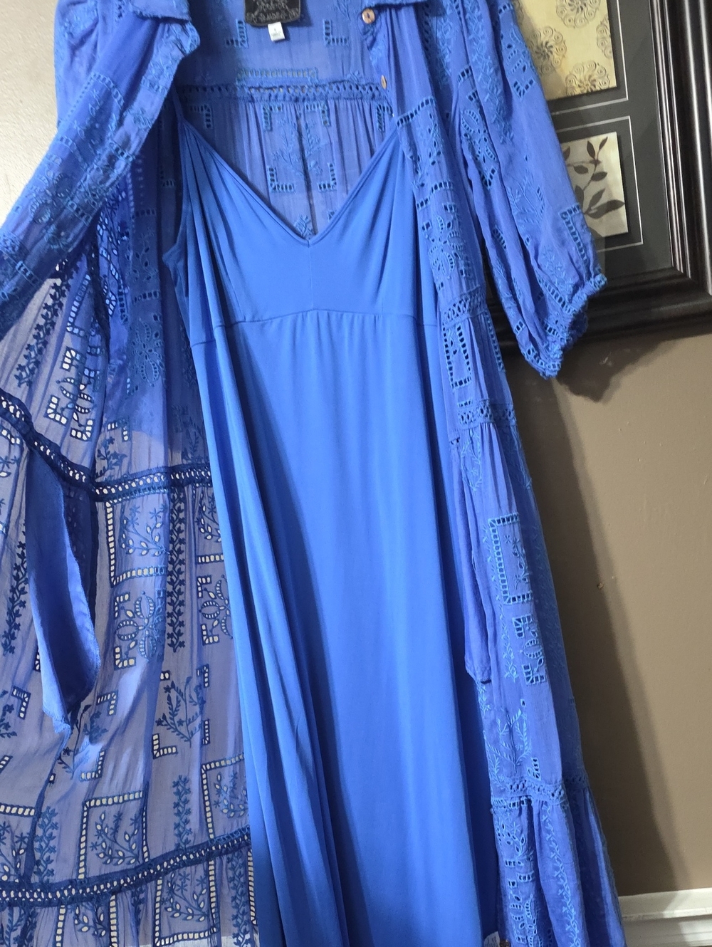 Johnny Was Blue Midi Sundress with Tiered Skirt and 3/4 Bishop Sleeves - Picture 12 of 12